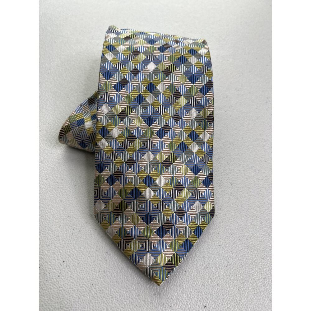 Valerio Garati Blue, Green, Brown Geometric Pattern 100% Silk Handmade Tie NWOT